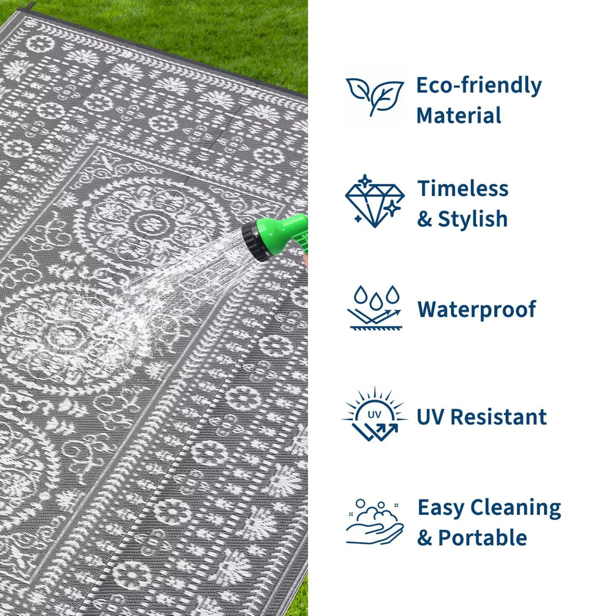 Garvee waterproof outdoor rug with UV coating resists fading in sunlit patios.