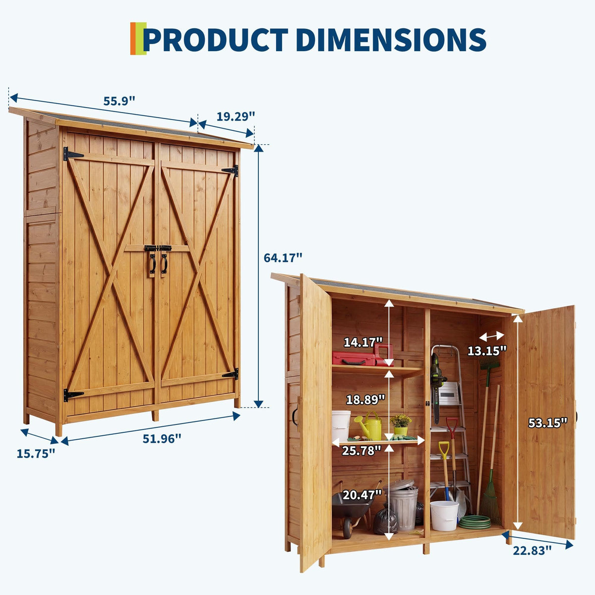 Garvee wooden garden shed with waterproof roof protects yard items from rain.