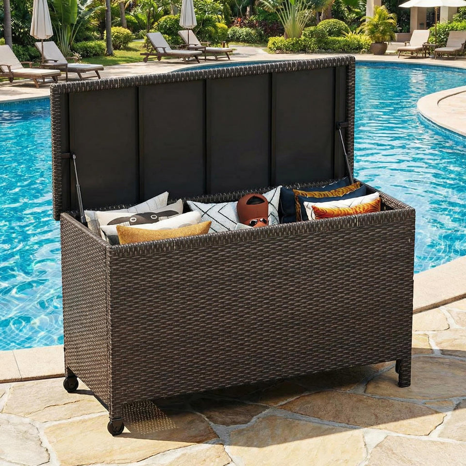 GarveeHome 125-gallon wicker deck box showing ample storage for cushions and pool gear