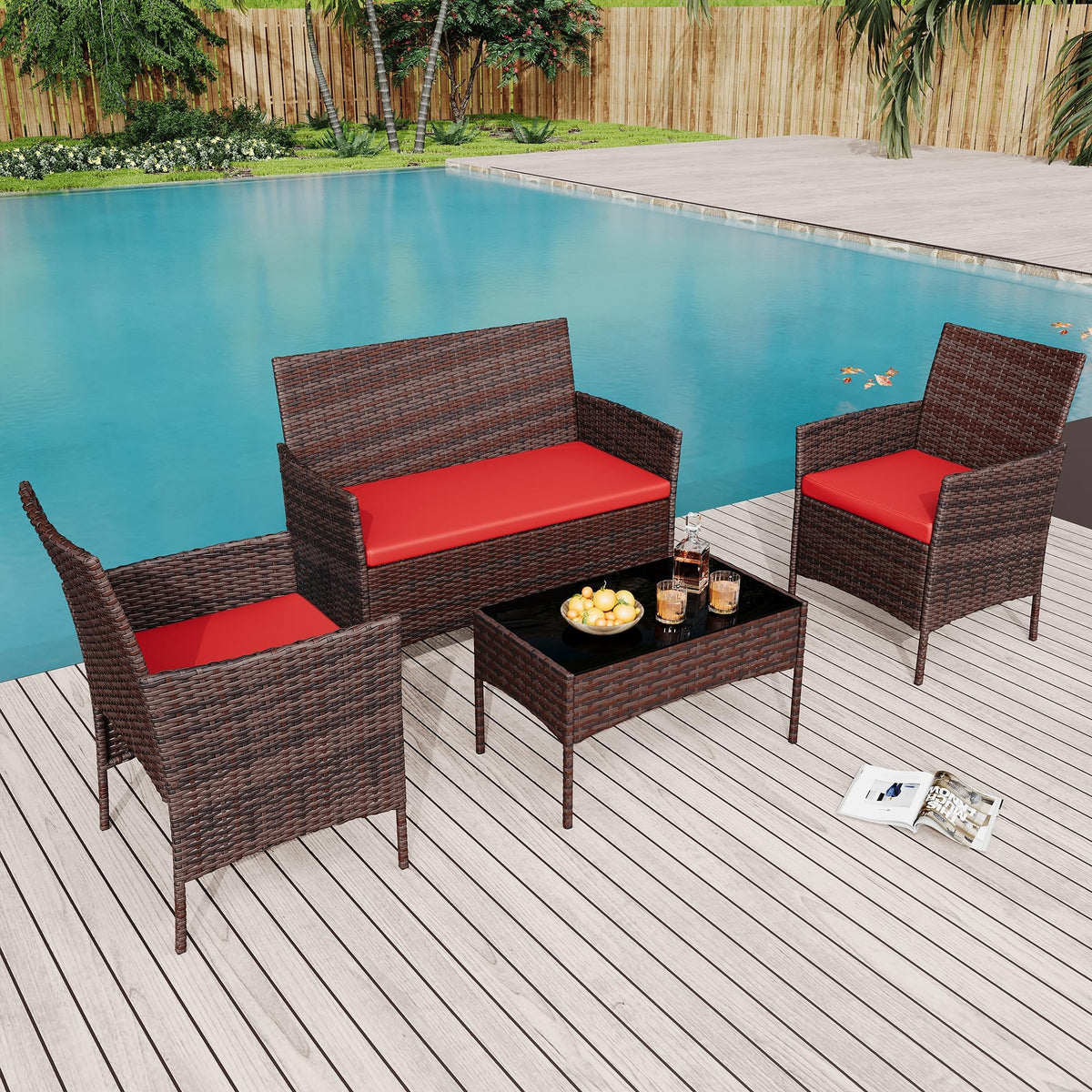 GarveeHome easy-clean tempered glass tabletop complements brown wicker and red accents.