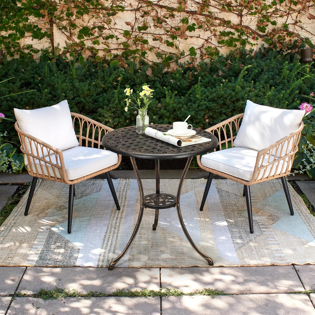 GarveeHome bistro table with umbrella hole for shaded outdoor meals.