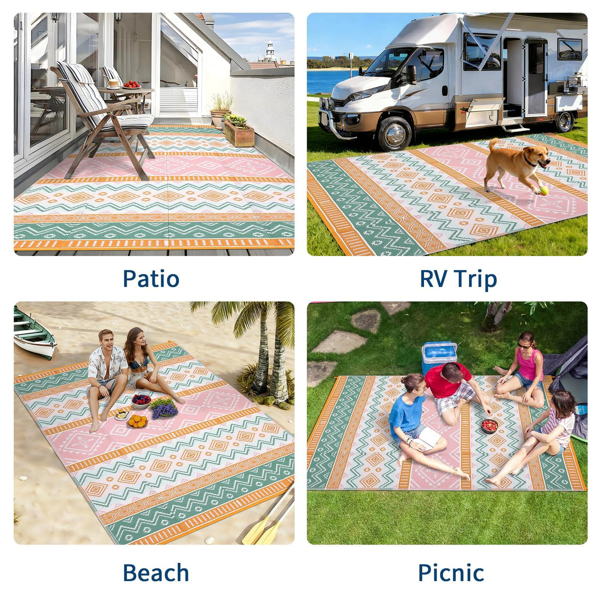 GarveeHome stain-resistant outdoor carpet cleans easily after picnics and beach days.