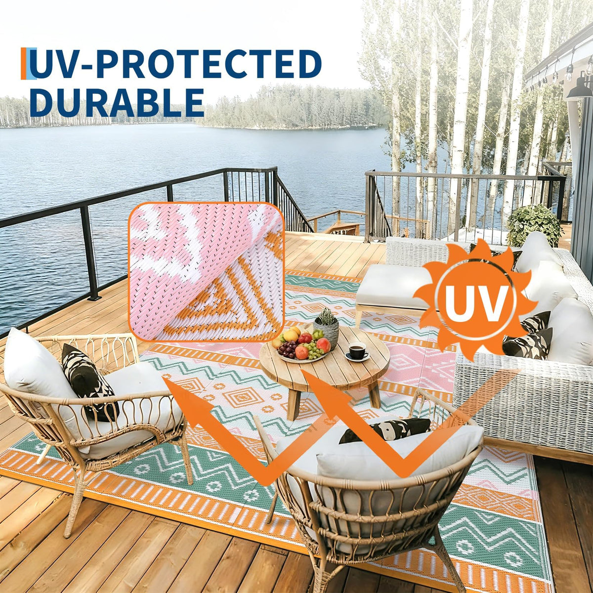 GarveeHome rug preserves bright colors with built-in UV protection in sunlight.