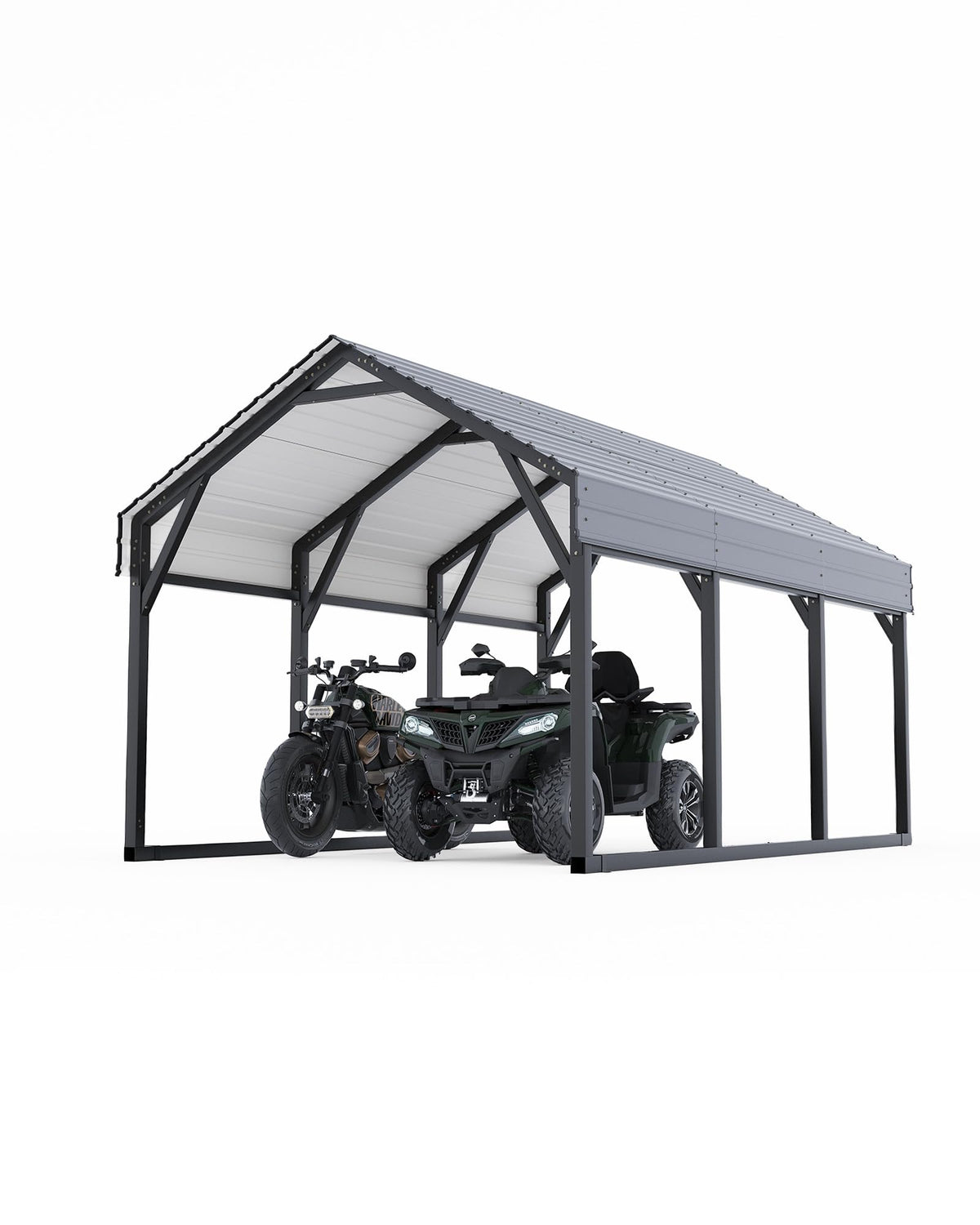 GarveeLife 12x13 ft metal carport side profile enhances all-weather shelter for motorcycles.