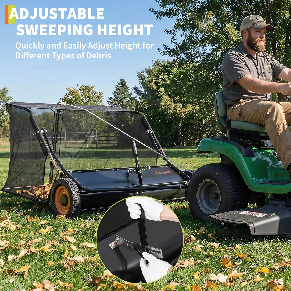 GarveeLife 44-inch tow-behind lawn sweeper side view for curbside cleanup