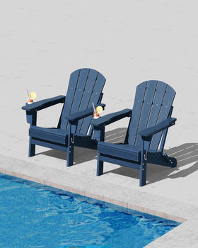 GarveeLife navy Adirondack chair with cup holder for easy drinks by the fire pit.