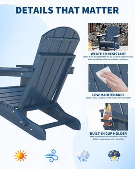 All-weather HDPE chair in navy resists fading and moisture for year-round use.