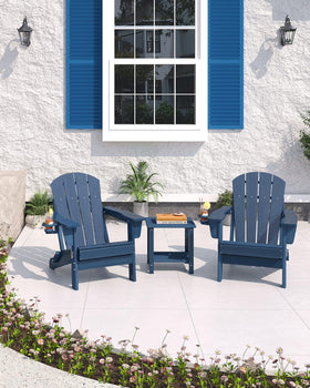 GarveeLife navy chair by a fire pit for relaxed outdoor evenings.