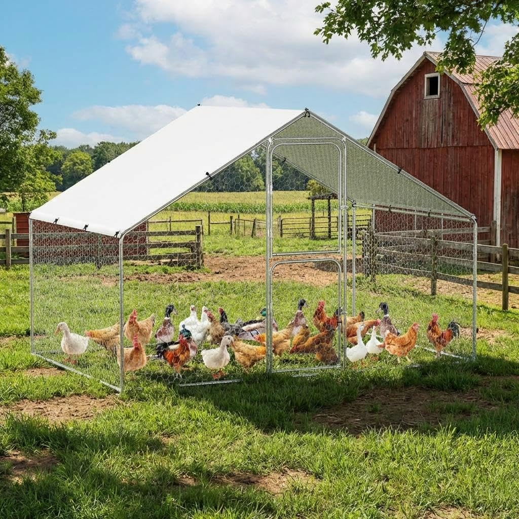 GarveeLife large metal coop exterior with spacious walk-in access for easy flock movement.