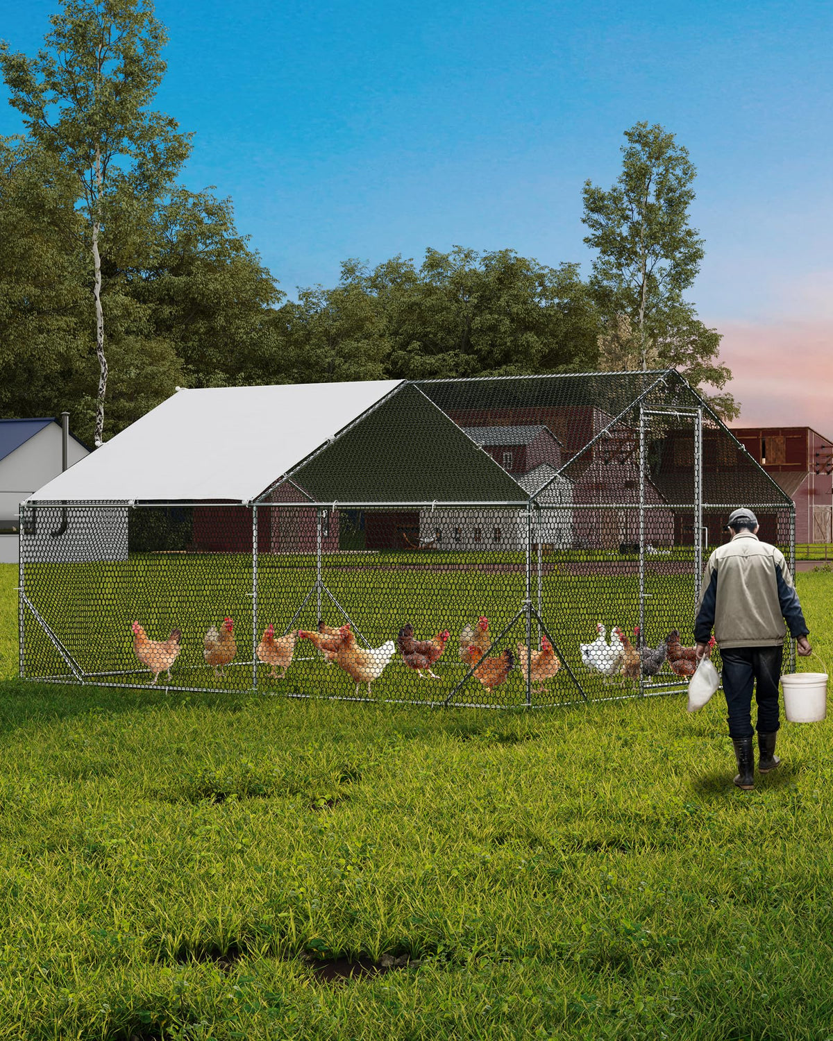 GarveeLife large metal chicken coop installation shows sturdy frame for up to 20 birds