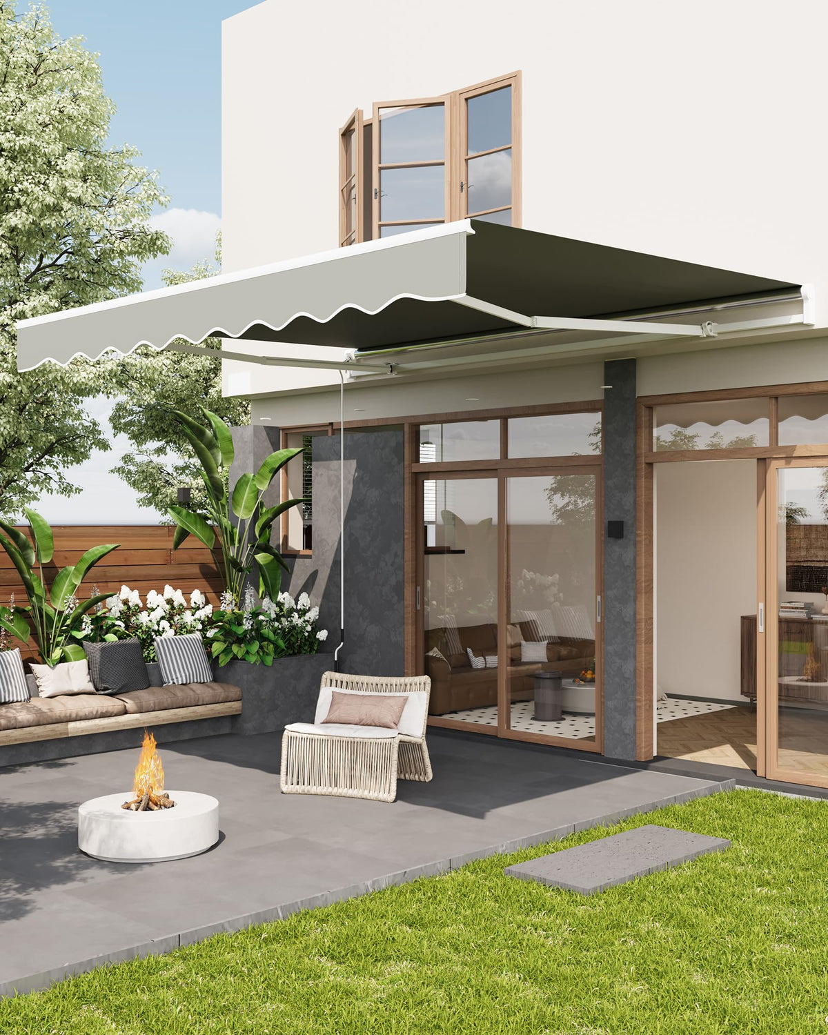 GarveeLife patio shade during assembly beside a porch for quick setup.