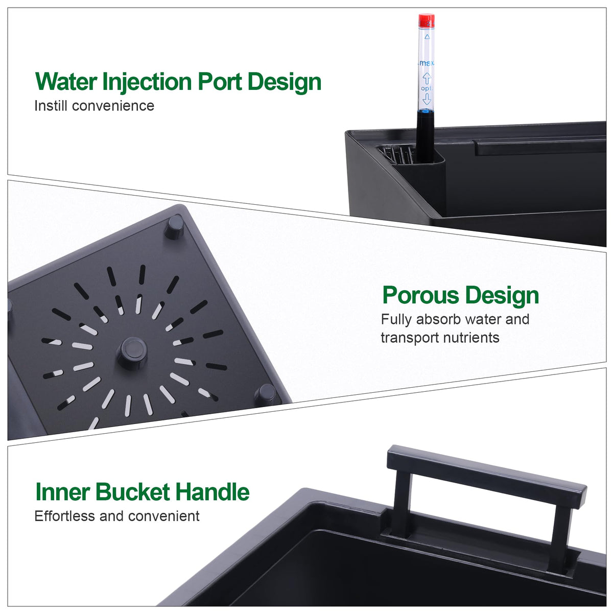 GarveeLife separate water inlet simplifies watering of tall planters.