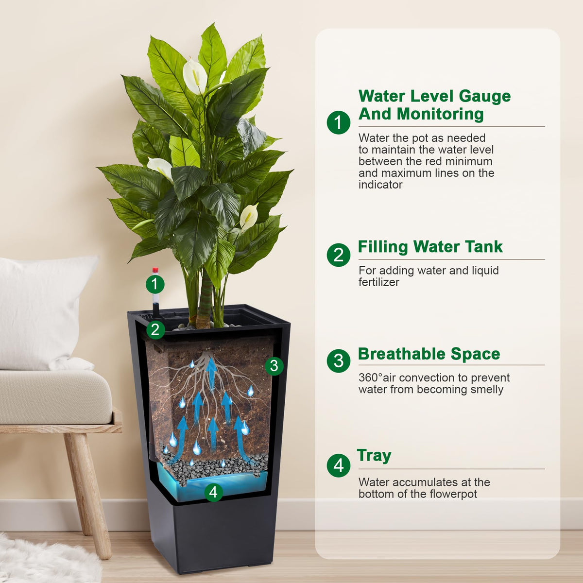 GarveeLife tall planter with automatic watering maintains moisture for patio greens.
