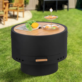 GarveeLife wood grain lid cover placed on fire pit to convert to table