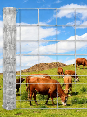 GarveeTech cattle fence galvanized wire close-up; heavy 14GA weave for durable livestock enclosure.