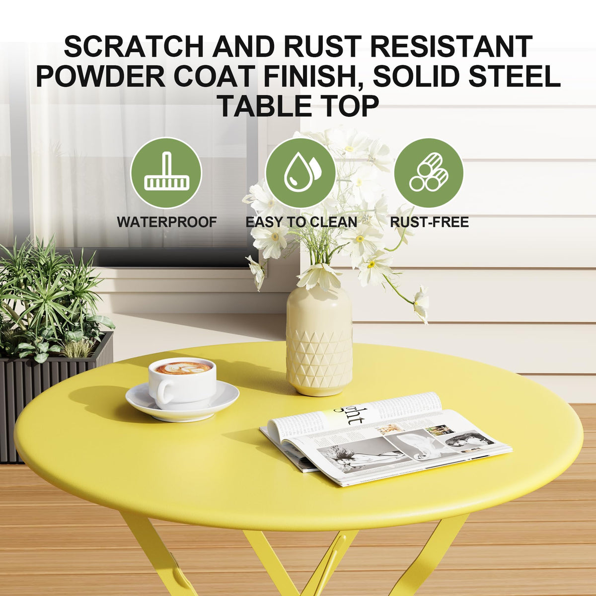 GarveeTech yellow finish bistro set brightens any balcony or patio.