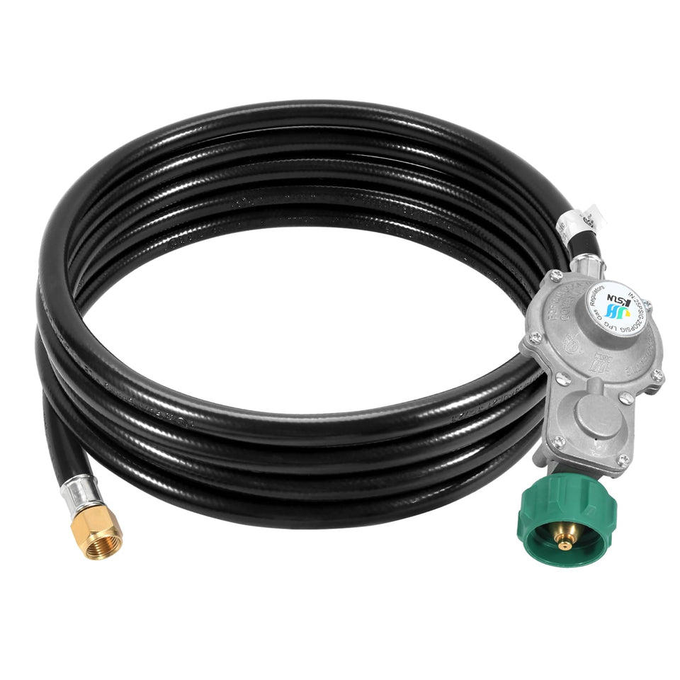 GasSaf 10ft 2-stage regulator hose for flexible outdoor cooking setups.