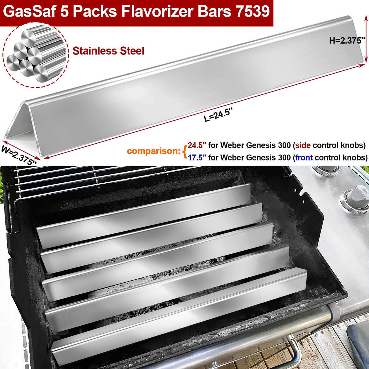 GasSaf 24.5in flavorizer bar close-up on stainless steel surface for Genesis 300.