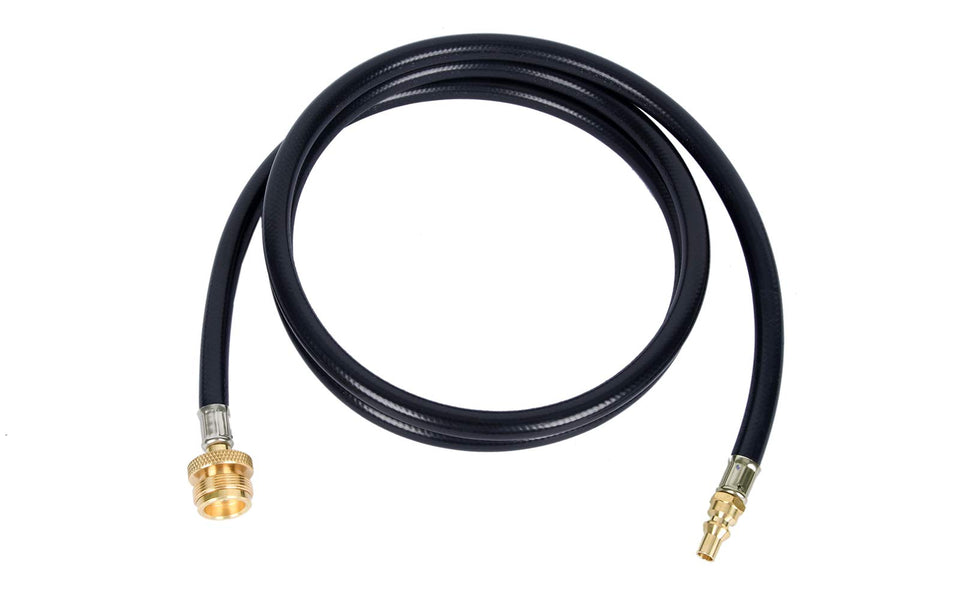 GasSaf 6ft quick-connect propane hose linking RV to grill for outdoor cooking.