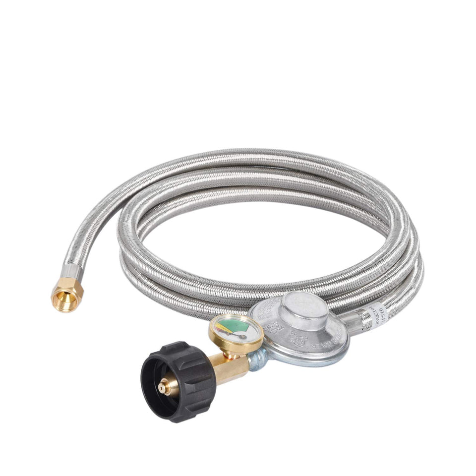 GasSaf 6ft propane regulator hose with gauge attached to a grill for easy fuel monitoring.