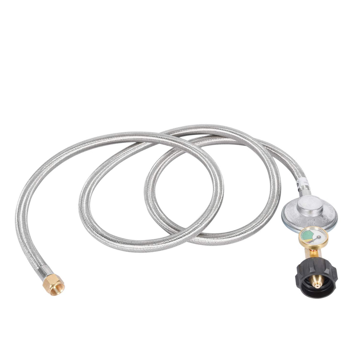 GasSaf braided-wire hose providing abrasion protection during outdoor grilling.