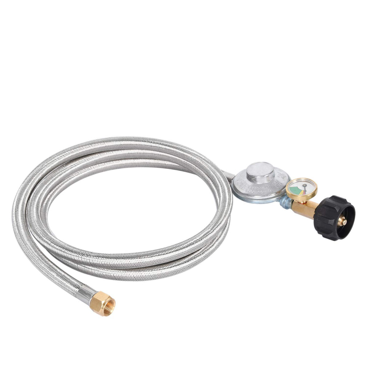 GasSaf regulator hose showing QCC1 connector and 3/8-inch flare nut for LP appliances.