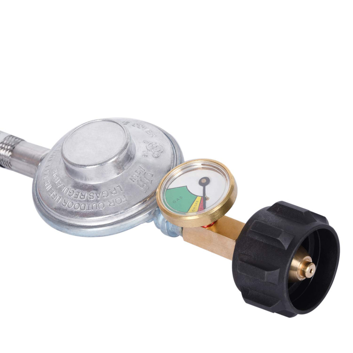 GasSaf regulator hose with gauge for quick fuel level reading on outdoor grills.