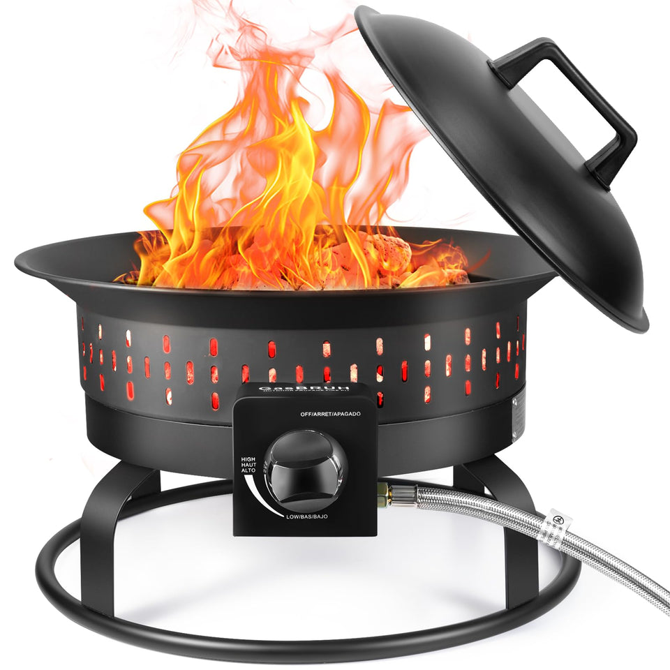 GasBRUH 19in fire pit with cover highlights weatherproof durability and protection.