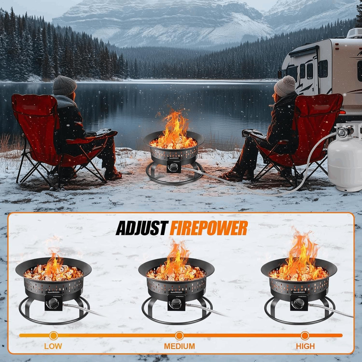 GasBRUH portable fire pit with carry kit for easy camping transport.