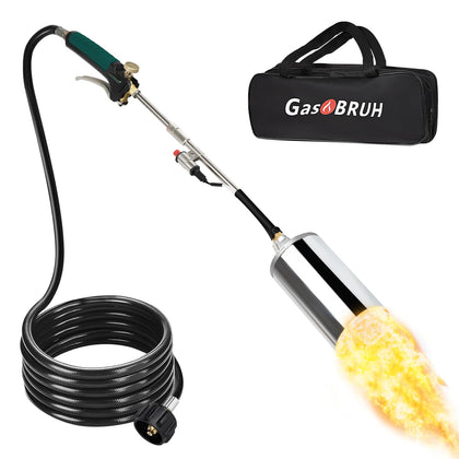 GasBRUH propane torch burner with 360k BTU flame for weed control.