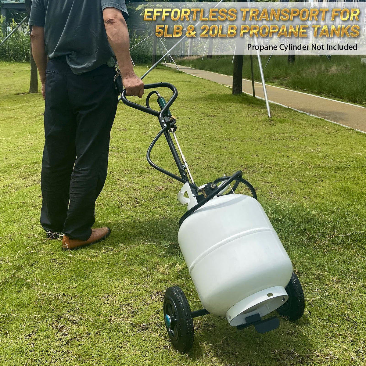 GasBRUH sturdy steel dolly supports 20 lb cylinders reliably during movement.