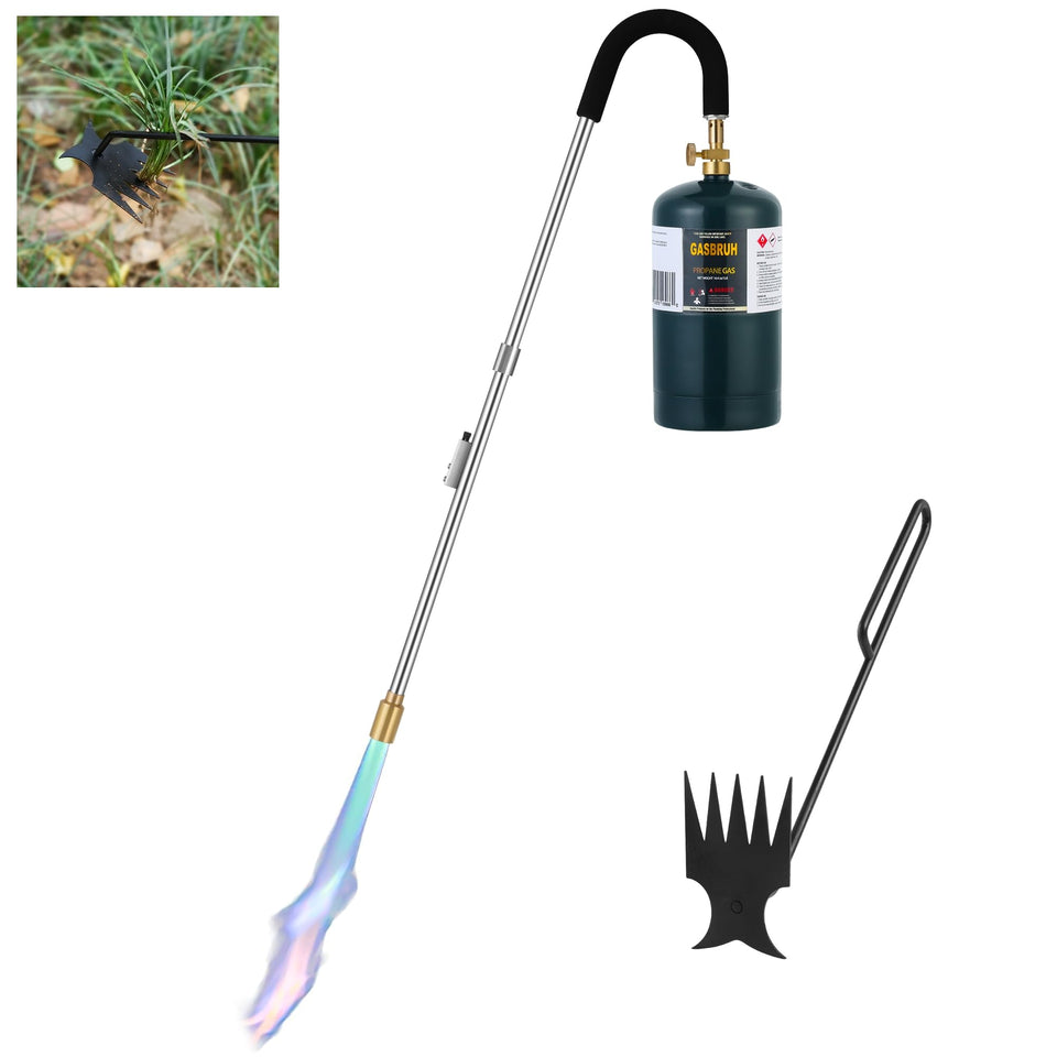 GasBRUH weed torch with 34-inch arm for easy weed removal between paving stones