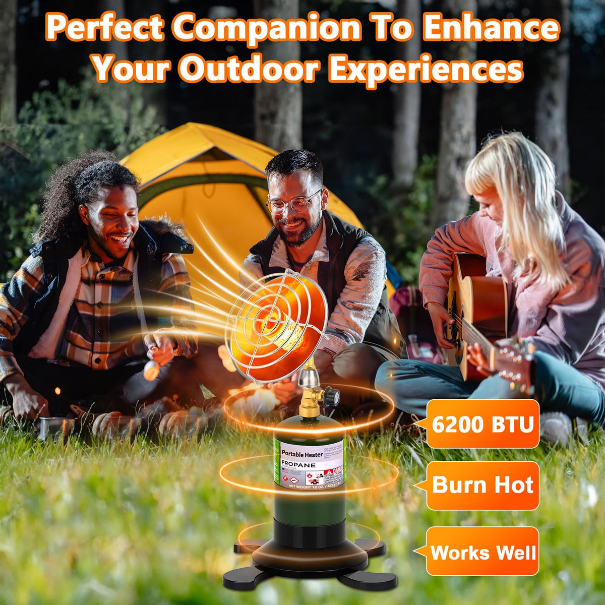 GasCalorix heater on sturdy tank stand supports secure camping setup.