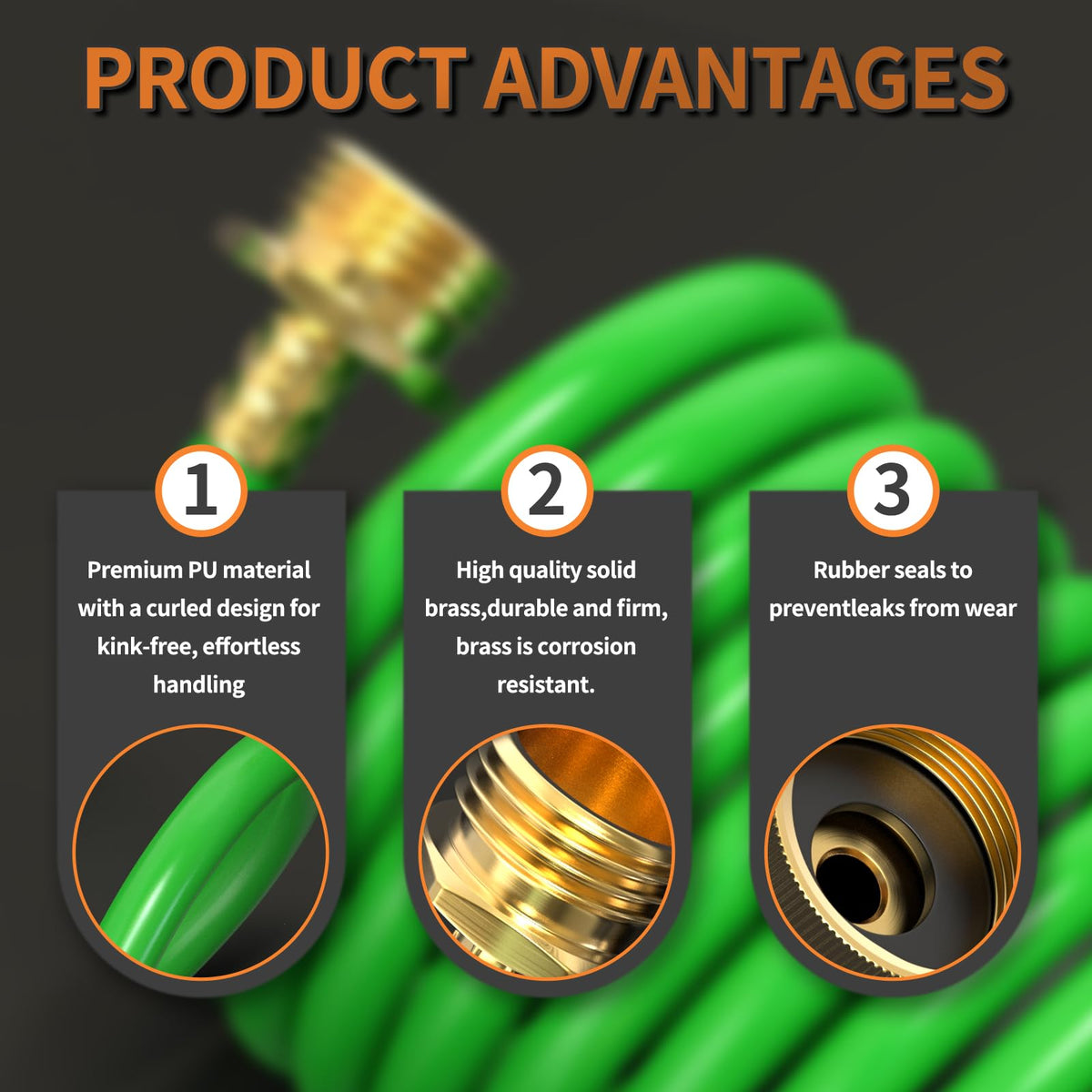 GASHER PU recoil hose with 3/4-inch brass fittings for standard spigots.