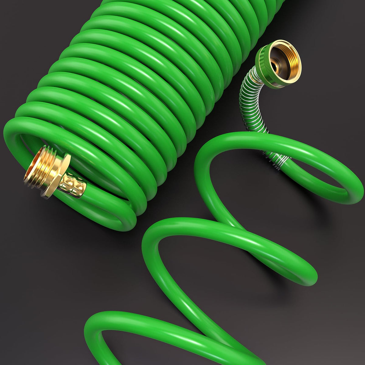 GASHER PU recoil hose stored in an 18-inch coil for easy travel.