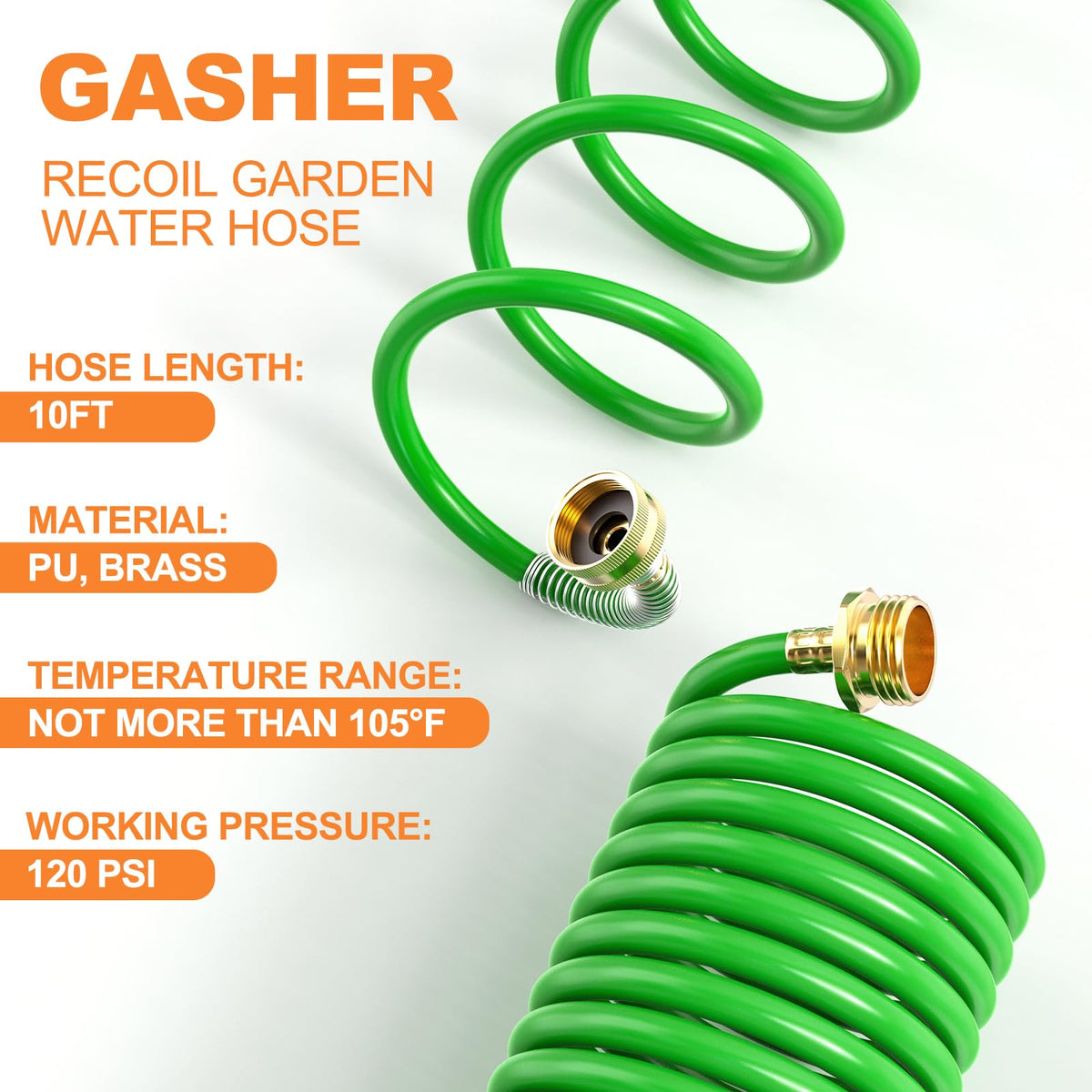 GASHER PU recoil hose with corrosion-resistant connectors for long-lasting use.
