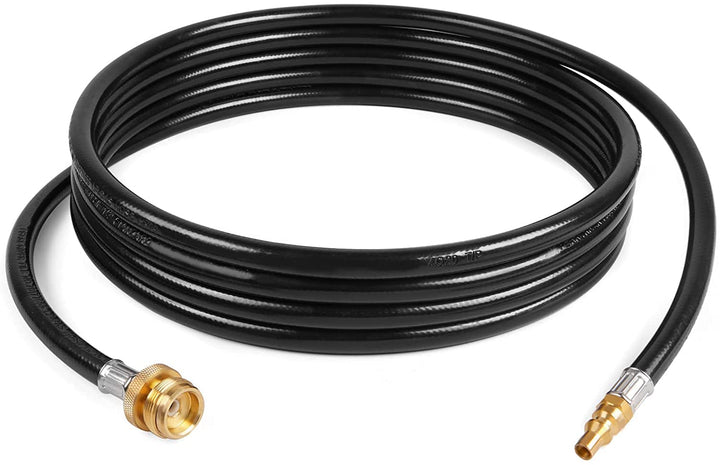 GasPro 15ft RV quick connect hose ready for outdoor cooking setup.