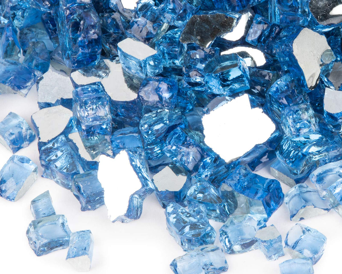 GasPro Pacific Blue fire glass with half-inch reflective coating sparkles in flames.