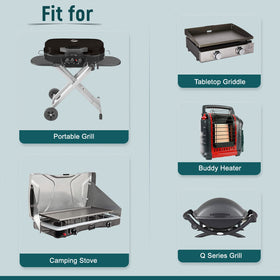 GasPro hose connected to Buddy Heater demonstrates easy expansion from small canisters