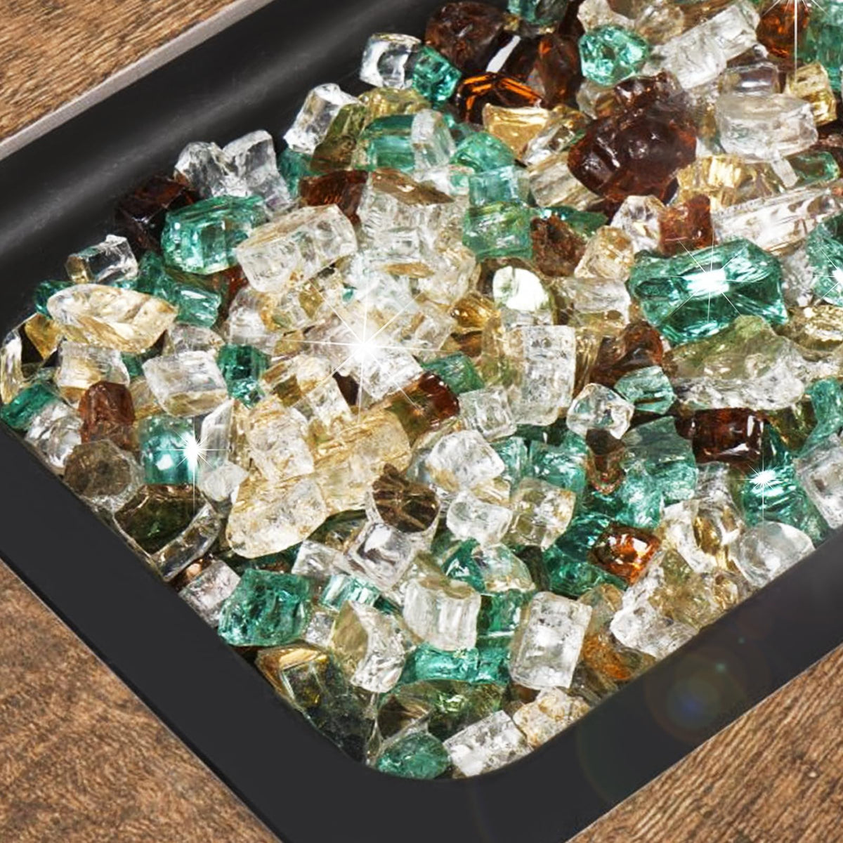 GASPRO fire glass half-inch gold copper green closeup shows shimmering surface for dramatic flames.