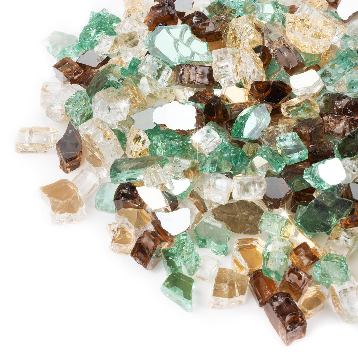 GASPRO fire glass half-inch gold copper green collection sparkles to enhance fire pit ambience.