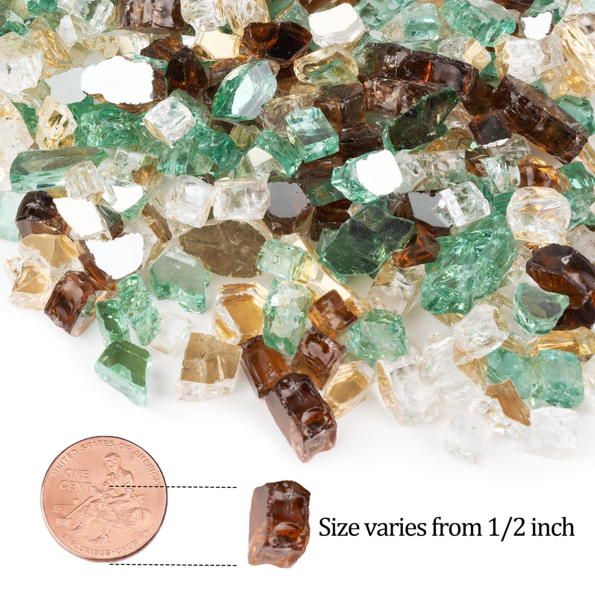 GASPRO fire glass half-inch gold copper green in fire pit creates warm, stylish glow.