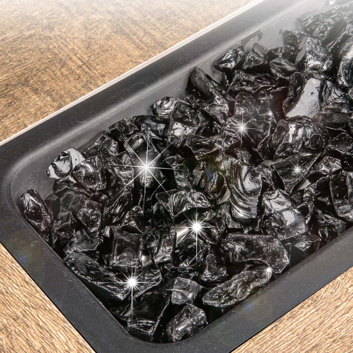 GASPRO fire glass sparkle close-up shows dramatic glow under flames