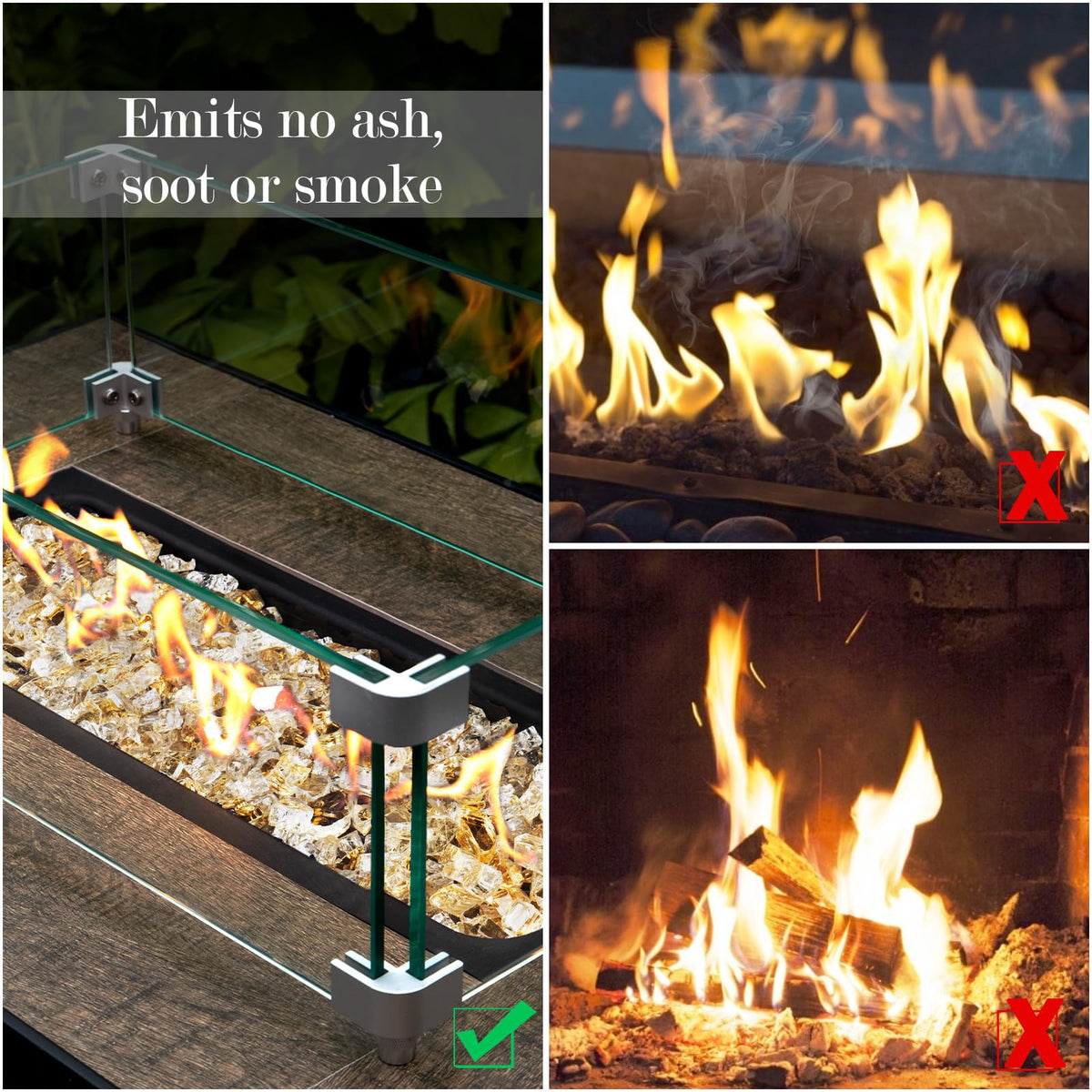GASPRO gold fire glass mirrors shimmer under daylight and night flames.