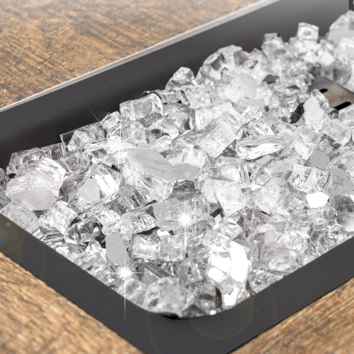 GasPro clear fire glass with reflective surface shines in daylight
