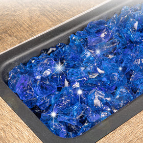 GASPRO Ocean Blue fire glass on a display in a modern fire pit setup