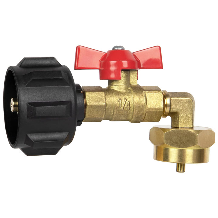 GASPRO propane refill adapter with 90 degree elbow for quick 1 lb bottle transfers.