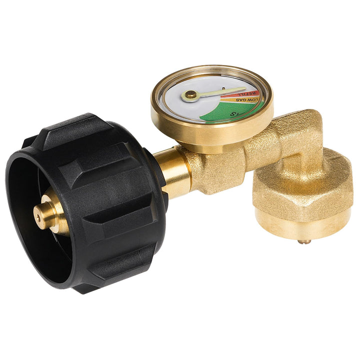 GASPRO refill adapter with gauge connects to a 20 lb tank for simple, controlled 1 lb cylinder refills.