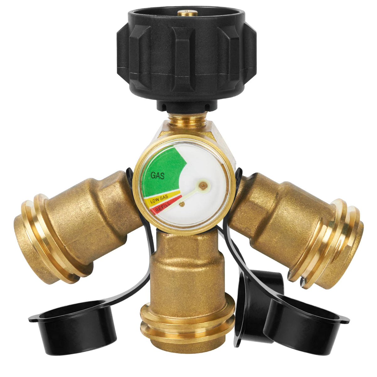 GASPRO propane splitter gauge shows fuel level for quick grilling readiness.
