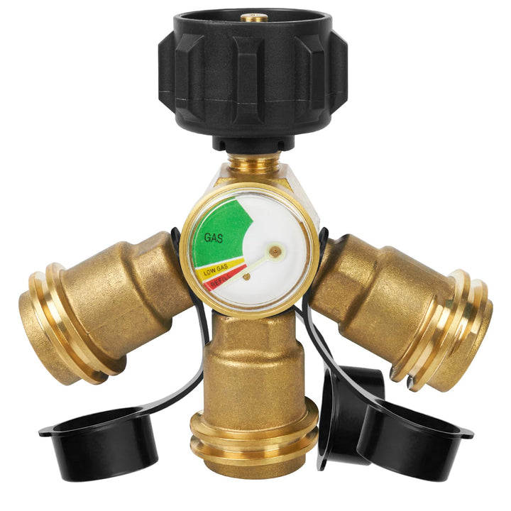 GASPRO propane splitter gauge shows fuel level for quick grilling readiness.